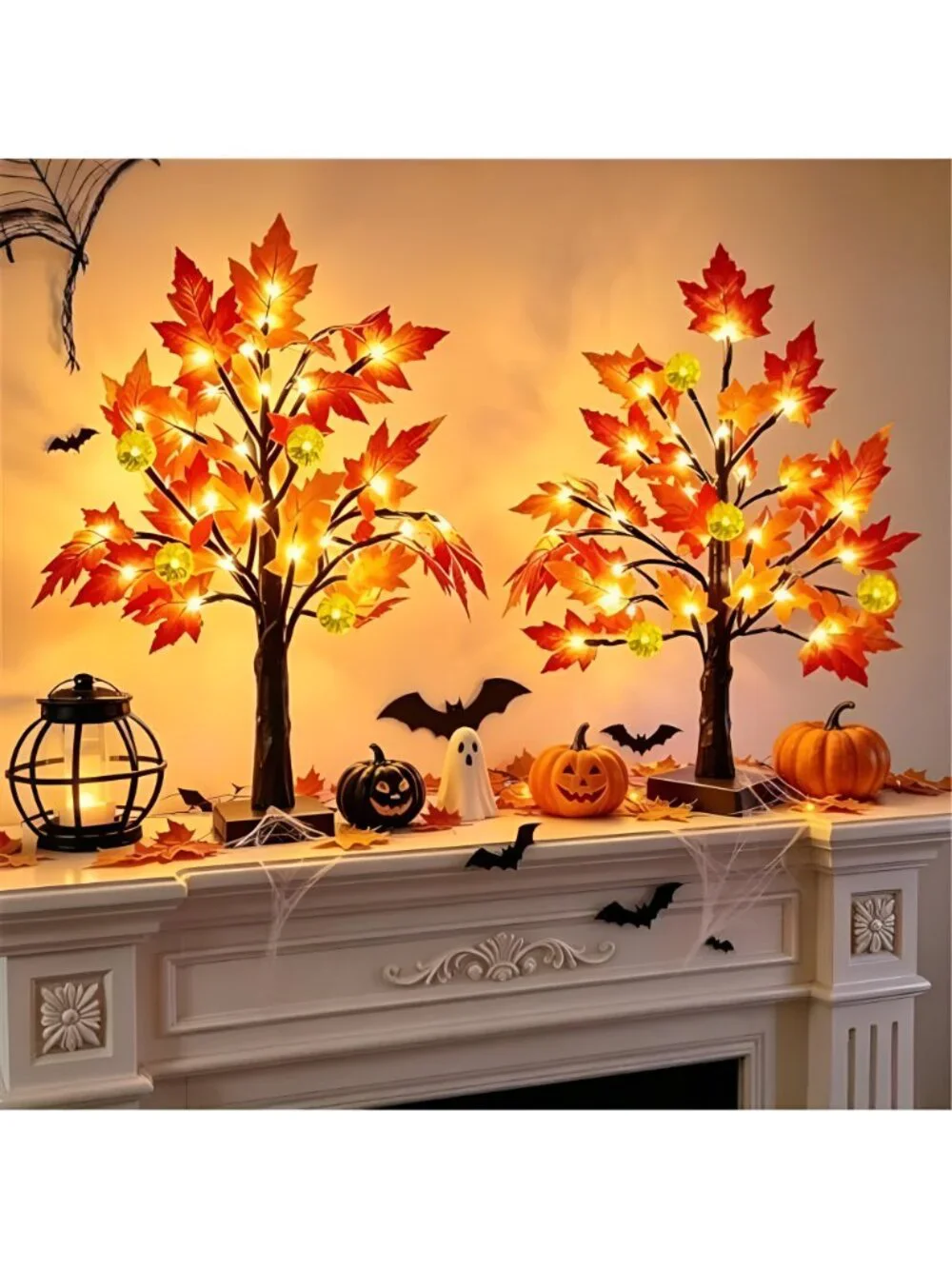 Fall Decor 2 Pack 18 Inch Prelit Fall Maple Tree 48 LEDs Timer